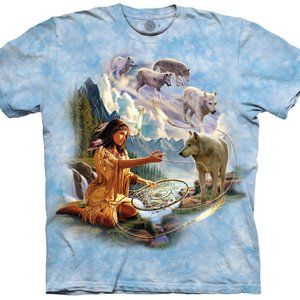 The Mountain Native American Woman Dream Catcher Wolf Spirit Blue T-Shirt S